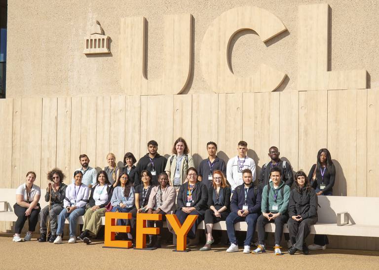 UCL Engineering Foundation Year - cohort photo with staff at UCL East