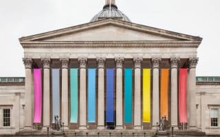 UCL portico with raindbow banners for pride