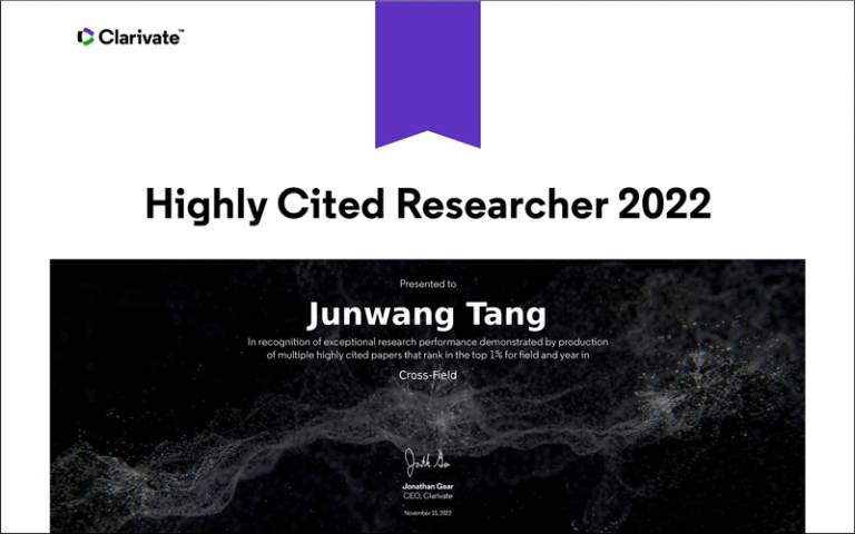 Image of Clarivate Highly Cited Researchers 2022 certificate presented to Prof Junwang Tang
