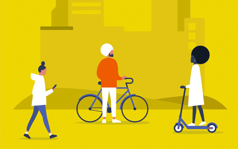 Sustainable travel illustration - walking, cycling and scooting