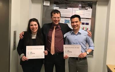 IAB Poster Awardees Tai Bui and Maria Apostolopoulou presented a certificate by Pro. Alberto Striolo
