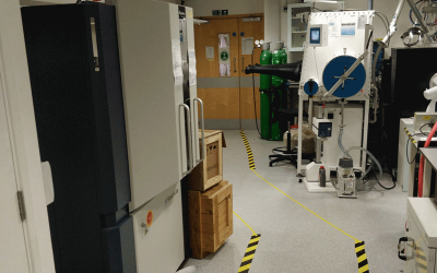 Image of Chemical Engineering lab with safety tape outlined on the floor