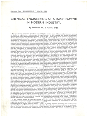 Chemical Engineering as a basic factor in modern industry by Prof W.E.Gibbs - 28 July 1933