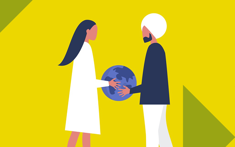 Illustration of two people holding a globe