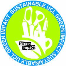 Green Impact Logo - sustainable UCL written round the edge of a circle with office stationary and a leaf in the middle