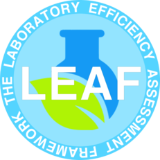 LEAF Logo - Laboratory Efficiency Assessment Framework written around the edge of a circle with a leaf, a bottle and the LEAF acronym in the middle