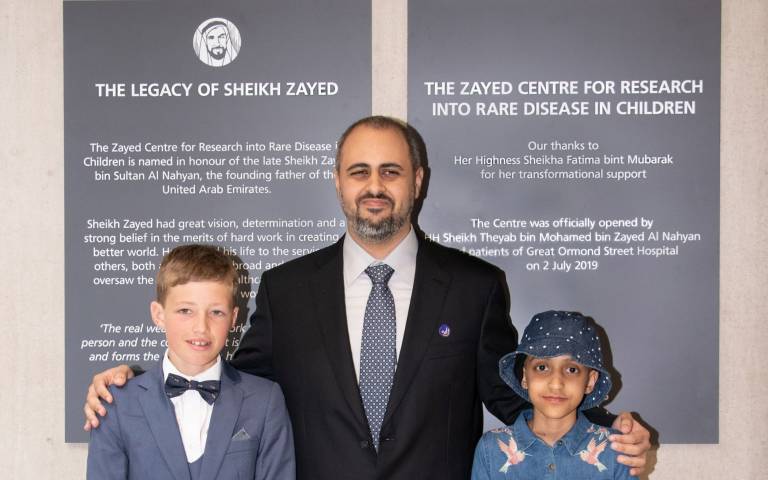 His Highness Sheikh Theyab bin Mohamed bin Zayed Al Nahyan  (centre) after unveiling a plaque at the opening of the Zayed Centre for Research