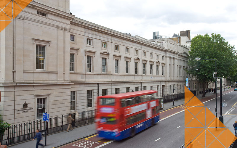 The UCL Chadwick Building on Gower Street, with a London bus passing in front.