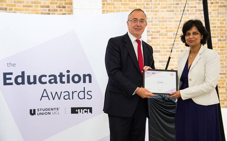 Dr Priti Parikh receiving a Provost’s Education Award 2018. Photo ©: Kirsten Holst / UCL.