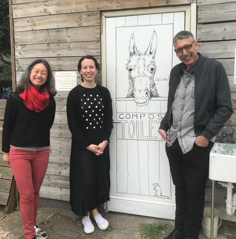 Dr Tse-Hui Teh, from the UCL Bartlett School of Planning, Dr Lena Ciric, from UCL Civil, Environmental and Geomatic Engineering, and Prof Jose Torero, UCL CEGE Head of Department, at the opening of Spitalfields City Farm's new compost toilet.