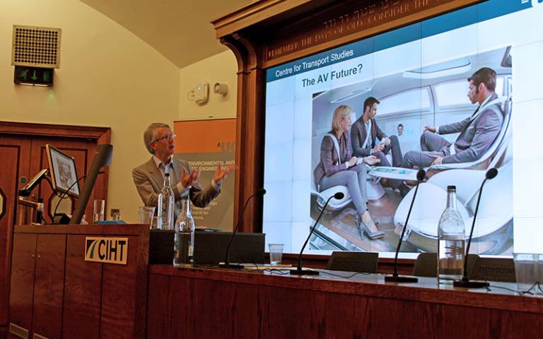 Professor Peter Jones giving a presentation on the future of transport