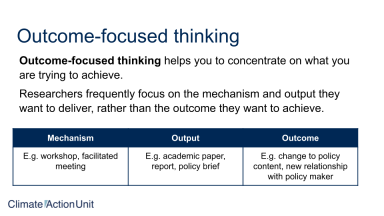 Presentation slide on outcomes, outputs and mechanisms