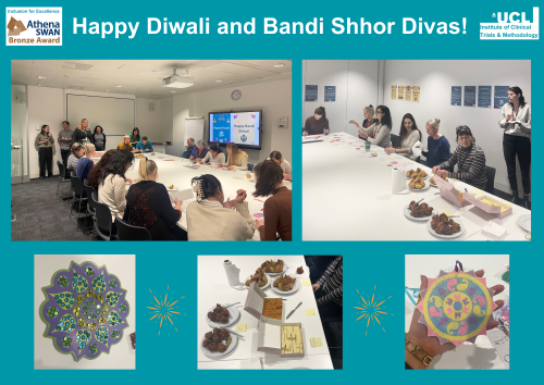 Caption at the top reads Happy Diwali and Bandi Shhor Divas! Photos of staff at the Diwali and Bandi Shhor Divas celebrations, making rangoli patterns. Photos of rangoli patterns using coloured sand and sequins.