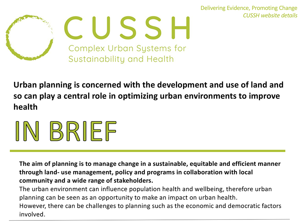 Urban planning is concerned with the development and use of land and so can play a central role in optimizing urban environments to improve health