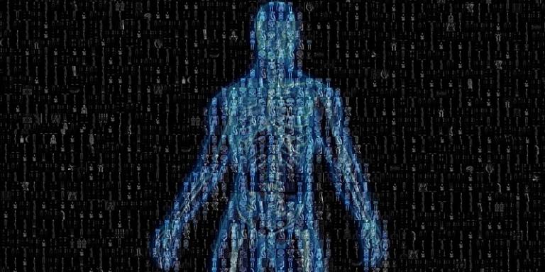A collage in the shape of a human body composed from a myriad of computerised images