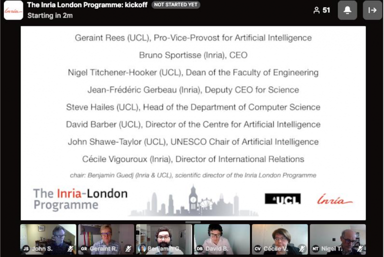 Screenshot displaying names and title of Inria and UCL programme staff with some panellists in view at the bottom of the image 