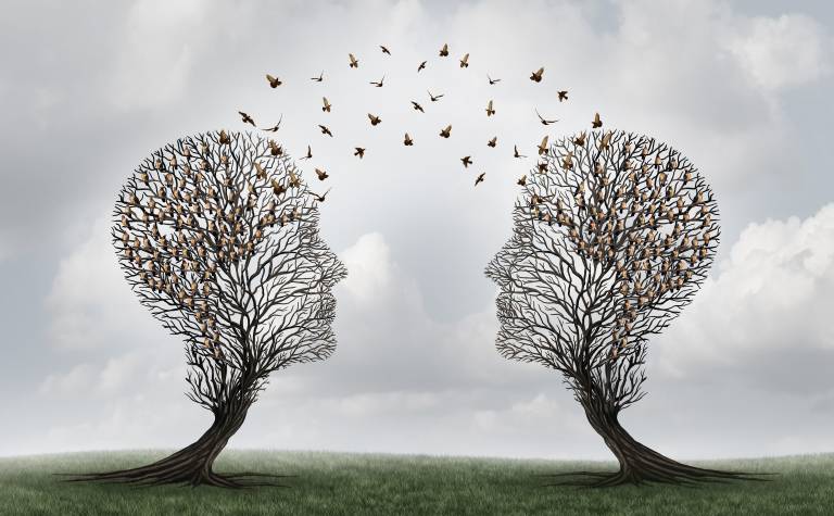 Image of two trees which resemble faces with birds flying towards each other representing an abstract image of language