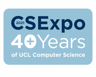 Celeste blue graphic with blue and white text: CS Expo: 40+ years of UCL Computer Science