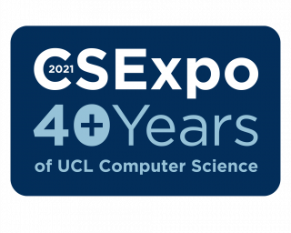 Dark blue logo with white text which reads: CS Expo. 40+ years of UCL Computer Science