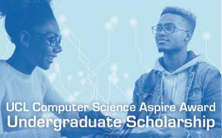 Words say: UCL Computer Science Aspire Award Scholarship. Image shows two black students (one female, one male)
