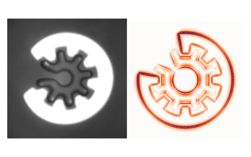 A cogwheel microrobot trapped using OET with a complementary light pattern. (right) Magnitude of the electric field gradient around the microrobot and light pattern.