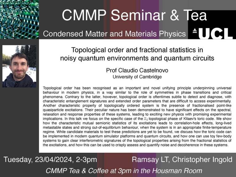 Poster for CMMP Seminar on 23 April given by Claudio Castelnovo