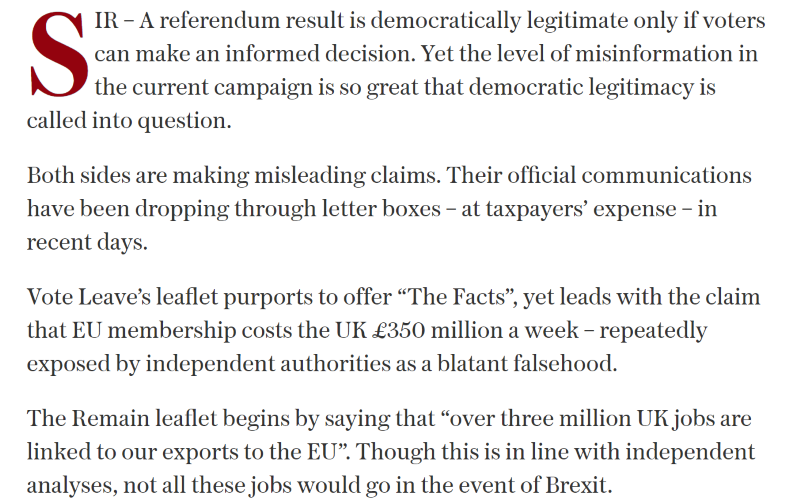 Screenshot of a letter to the Telegraph on the conduct of referendums