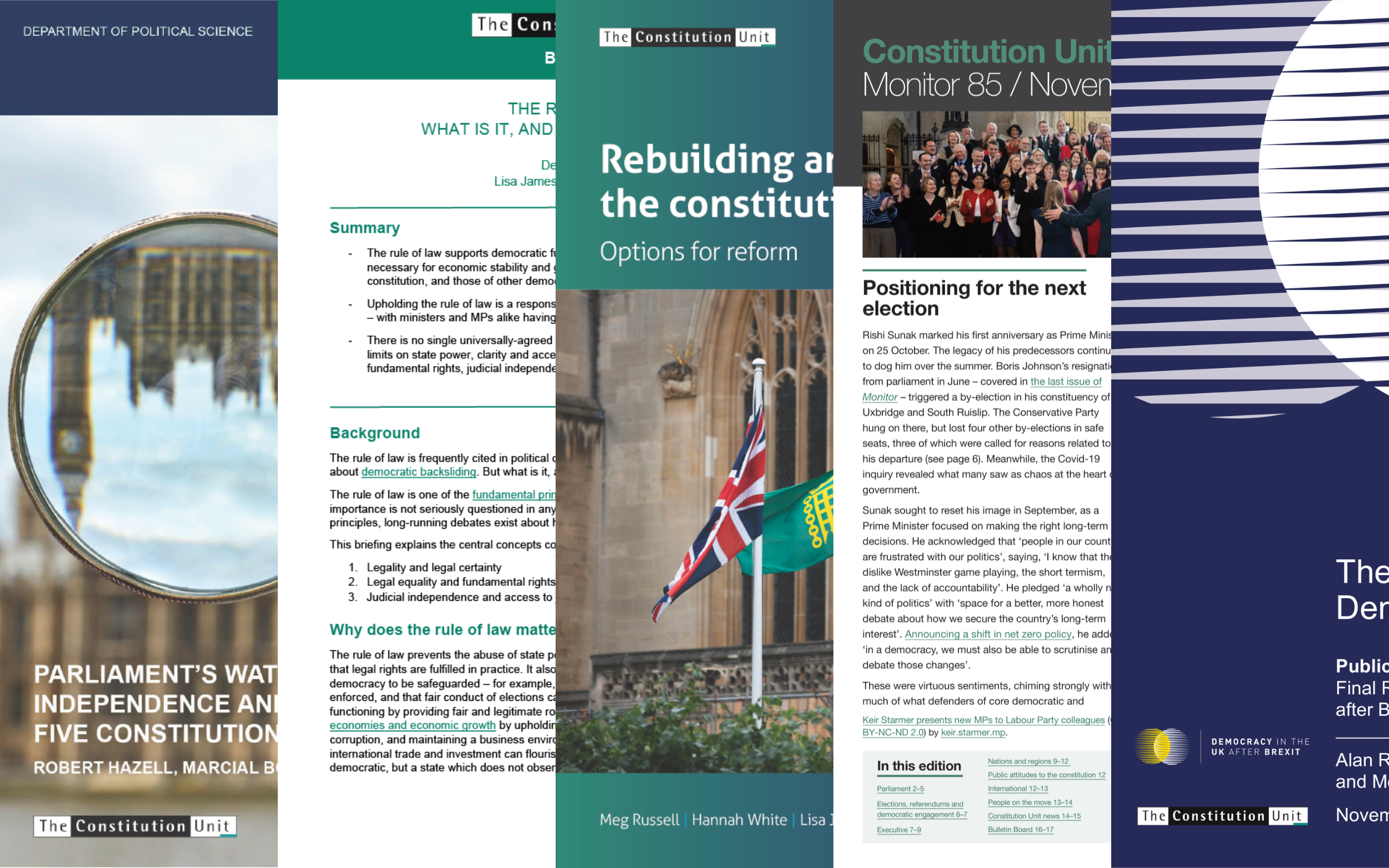 The left-hand side of the covers of three Constitution Unit reports, a briefing and an edition of Monitor