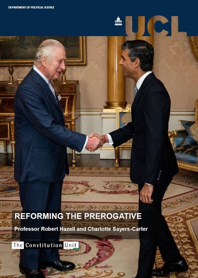 Cover page of report showing Prime Minister Rishi Sunak meeting King Charles III over the report title 'Reforming the Prerogative'