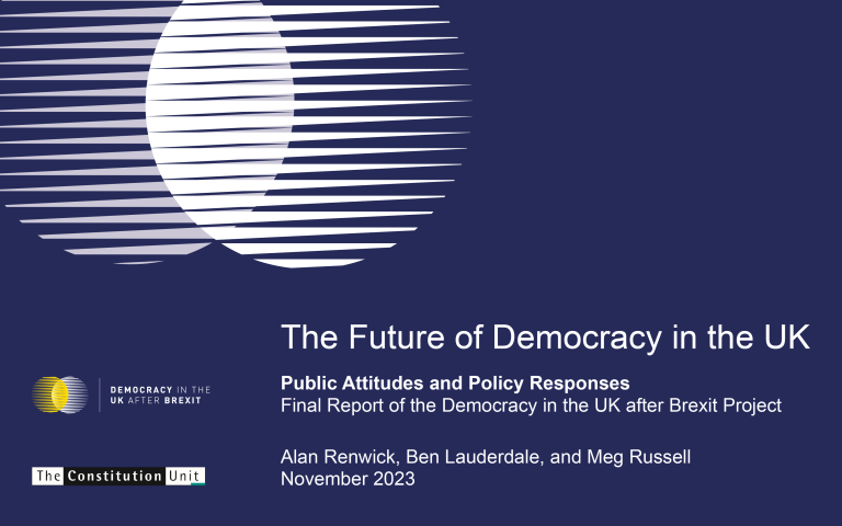 The front cover of the Unit’s report, The Future of Democracy in the UK: Public Attitudes and Policy Options. It is dark blue with white text. A logo of two white overlapping circles is in the top left section.