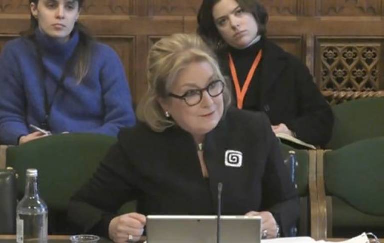 Lady Justice Carr is sat behind a table in a select committee room at the House of Commons. She appears to be looking at someone out of picture, to whom she is speaking.