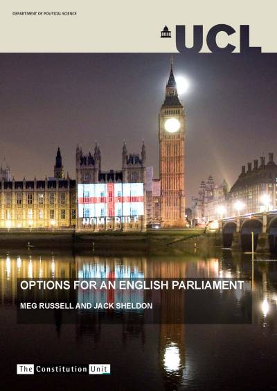 Cover of the 'Options for an English Parliament' report shows Big Ben and Palace of Westminster