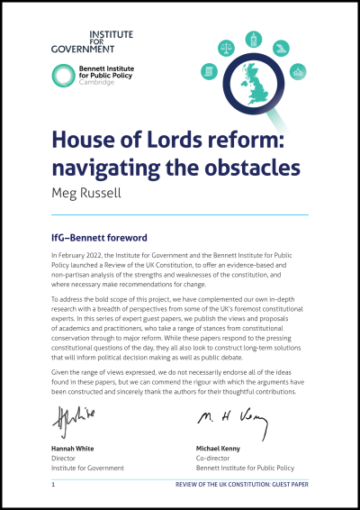 The first page of 'House of Lords reform: navigating the obstacles'.