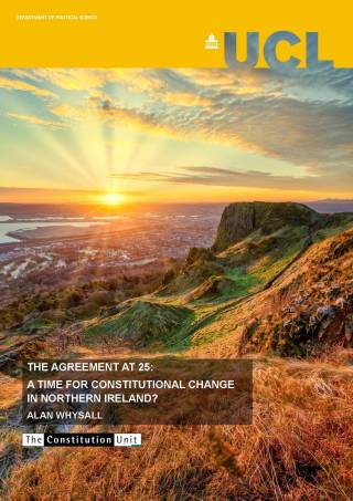The cover of Unit report 202: The Agreement at 25. It shows Glorious morning Sunrise from Cavehill in Belfast with cold frosty views over Belfast, Northern Ireland and beyond