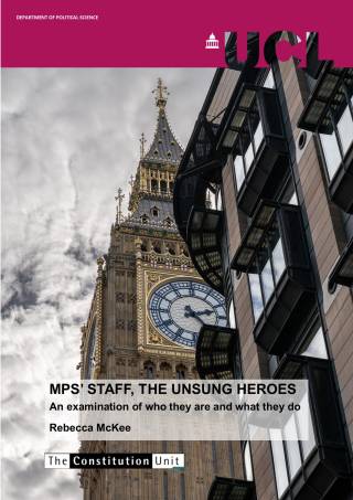 Cover of the Constitution Unit report MP's staff The Unsung Heroes, showing ig Ben and Portculis House and a section of cloudy sky