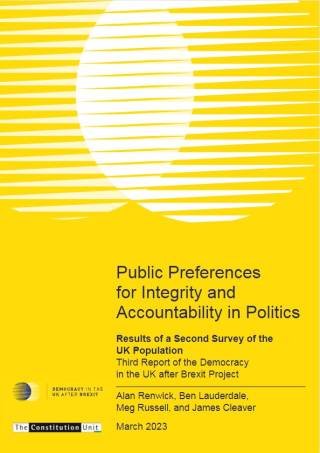 The cover of the Constitution Unit report Public Preferences for Integrity and Accountability in Politics