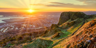 Picture of glorious morning Sunrise from Cavehill in Belfast with cold frosty views over Belfast, Northern Ireland and beyond