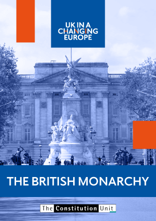 Cover of the report 'The British Monarchy' showing the monument outside Buckingham Palace in the foreground of the picture and Buckingham Palace itself in the background. A blue filter has ben applied to the image.