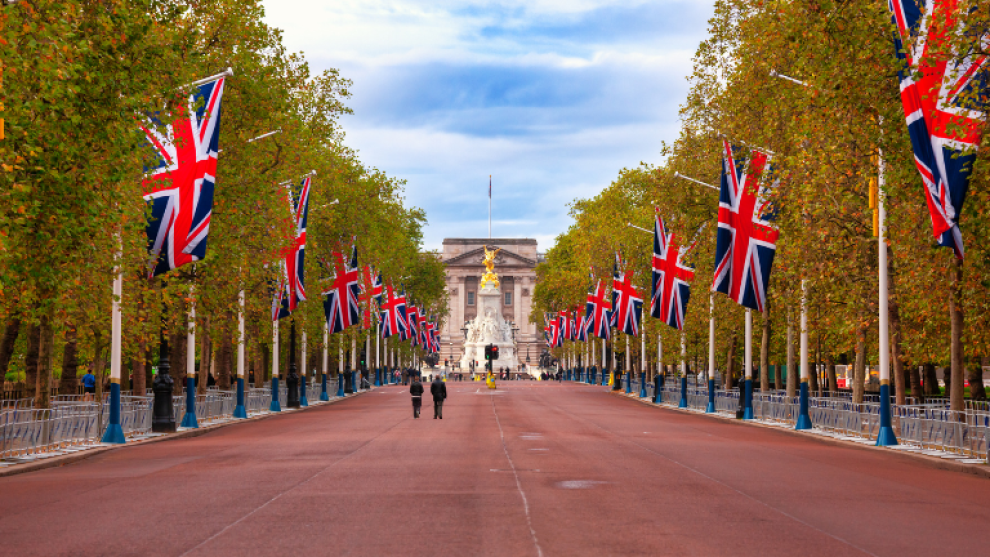 The Mall, facing Buckingham Palace and with Union Flags along it.