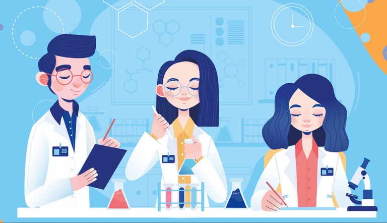 RREAL Lab - illustration of three people completing lab work