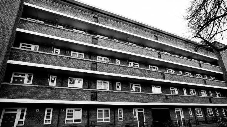 Black and white photo of a housing estate