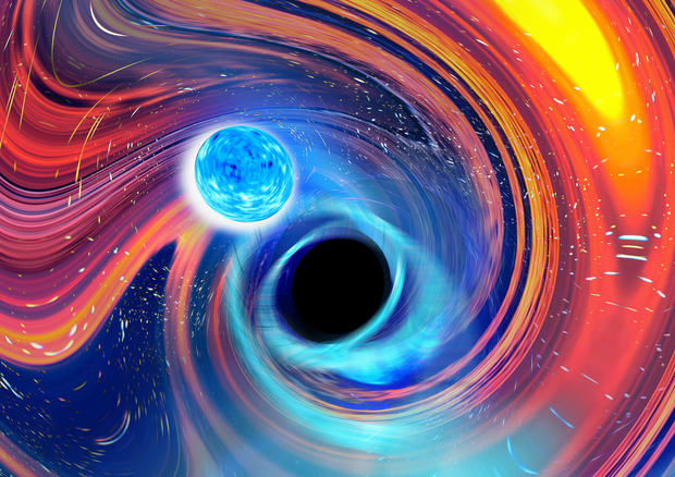 Artwork of a neutron star–black hole merger. Credit: Carl Knox, OzGrav-Swinburne University.
