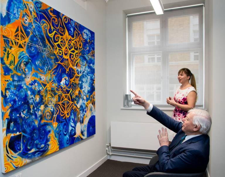  Penelope Rose Cowley tells Sir David about her art-sci creation, Cosmoparticle