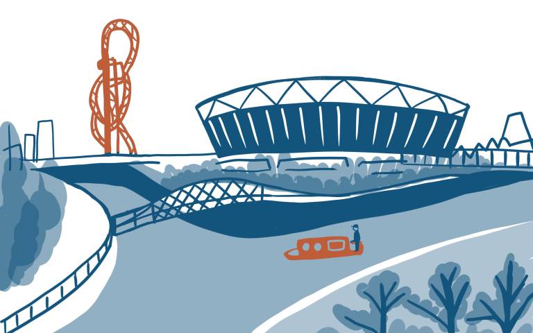 Illustration of boat on canal next to the Queen Elizabeth Olympic Park