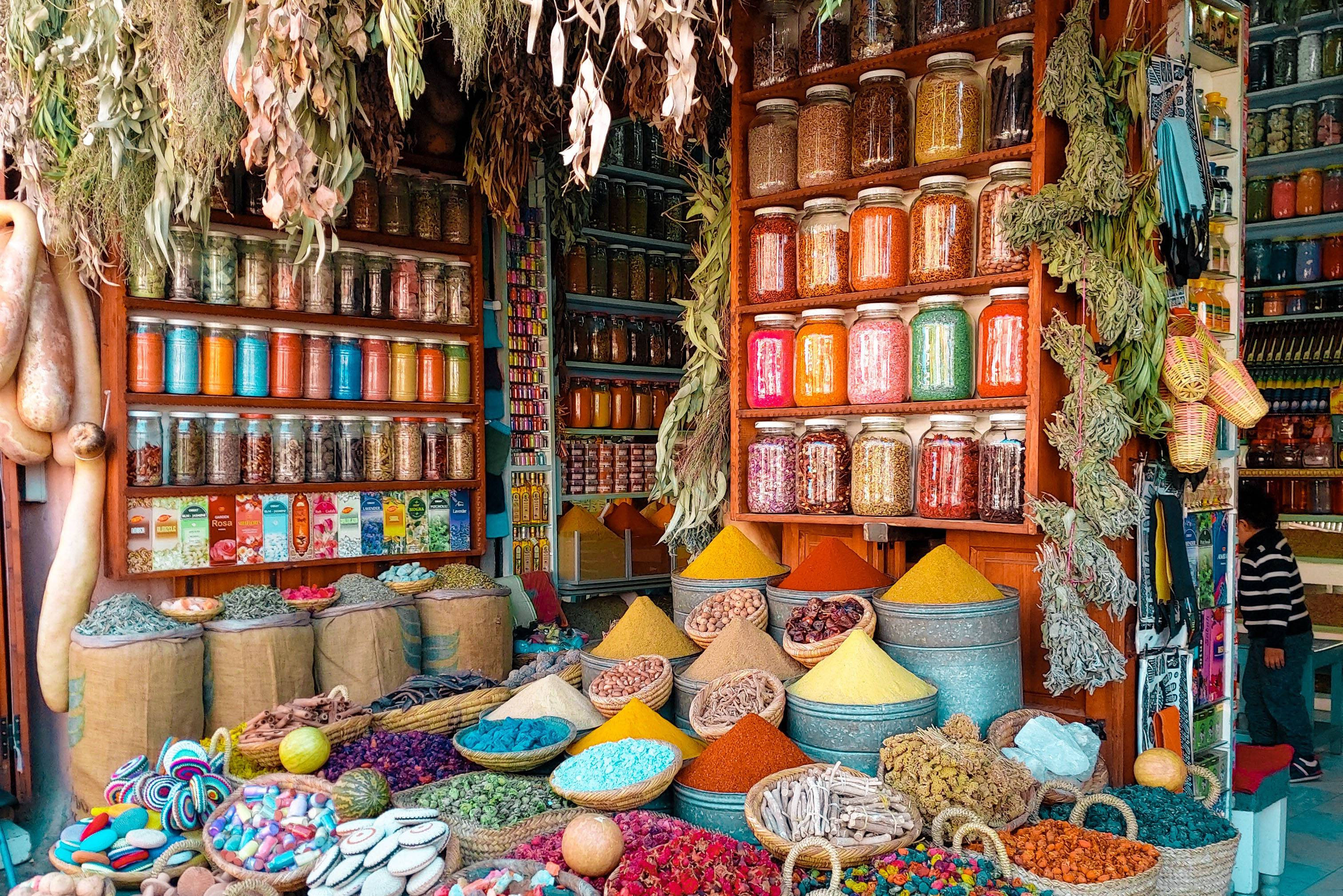 Traditional goods and colourful baskets outside a shop in Morocco