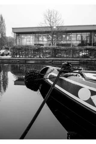 Black and white photo of canal boat