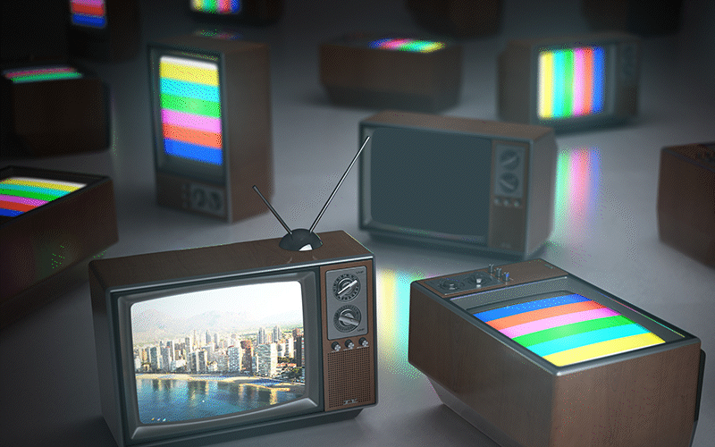 Media Delivery Teaser Animation - Old TV sets with test colour bars