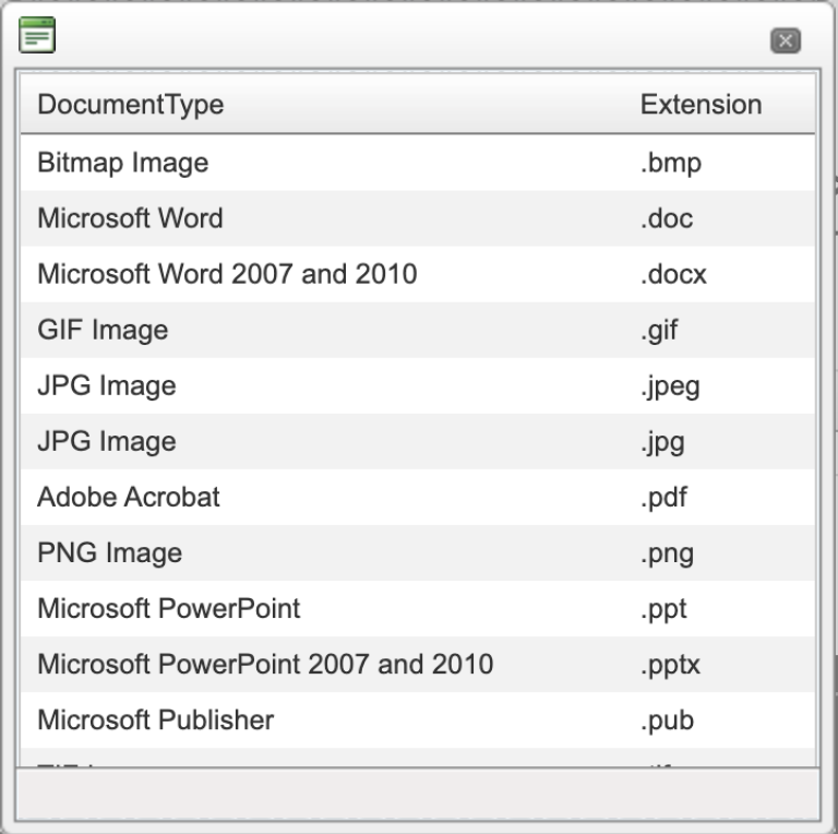 Screenshot of the pop out box showing the different file formats that can be uploaded
