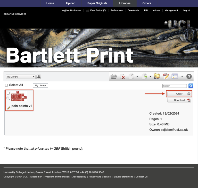 Screenshot image showing the the order button you need to click on to request printing
