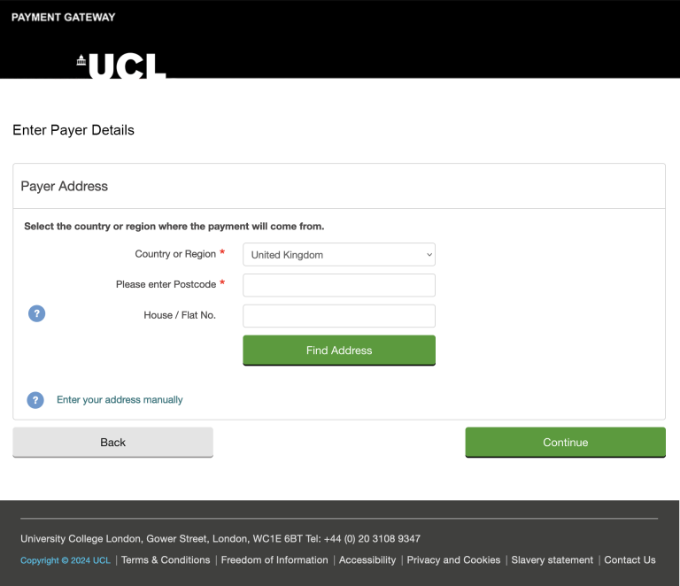 Screenshot of Payment page showing the fields that require completion